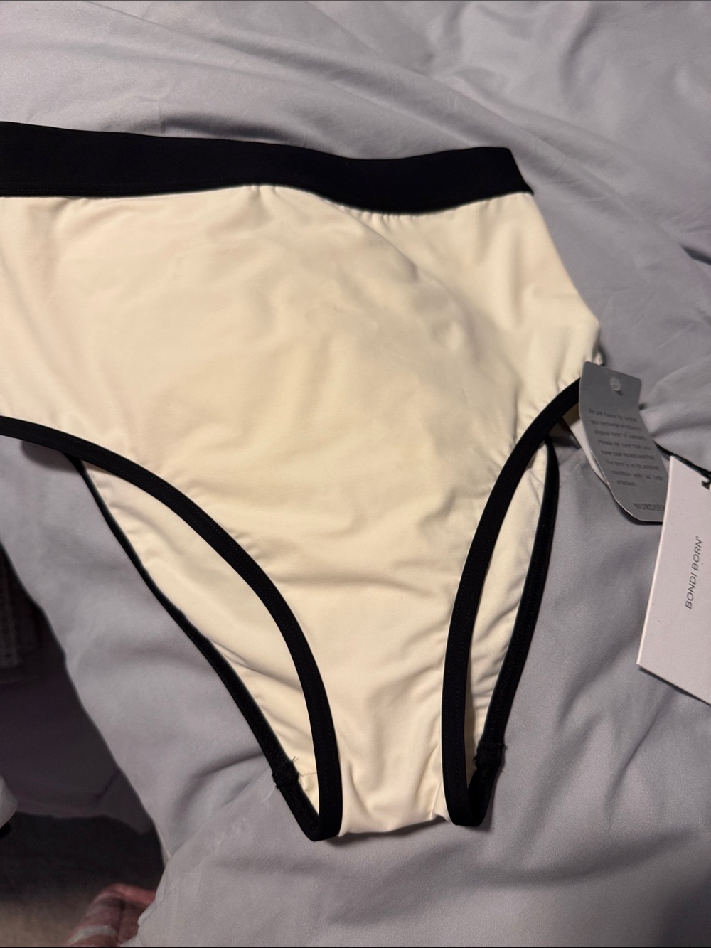 BONDI BORN High-Waist Bikini Bottom in Cream Black Trim XS EXTRA SMALL NWT JAYDE